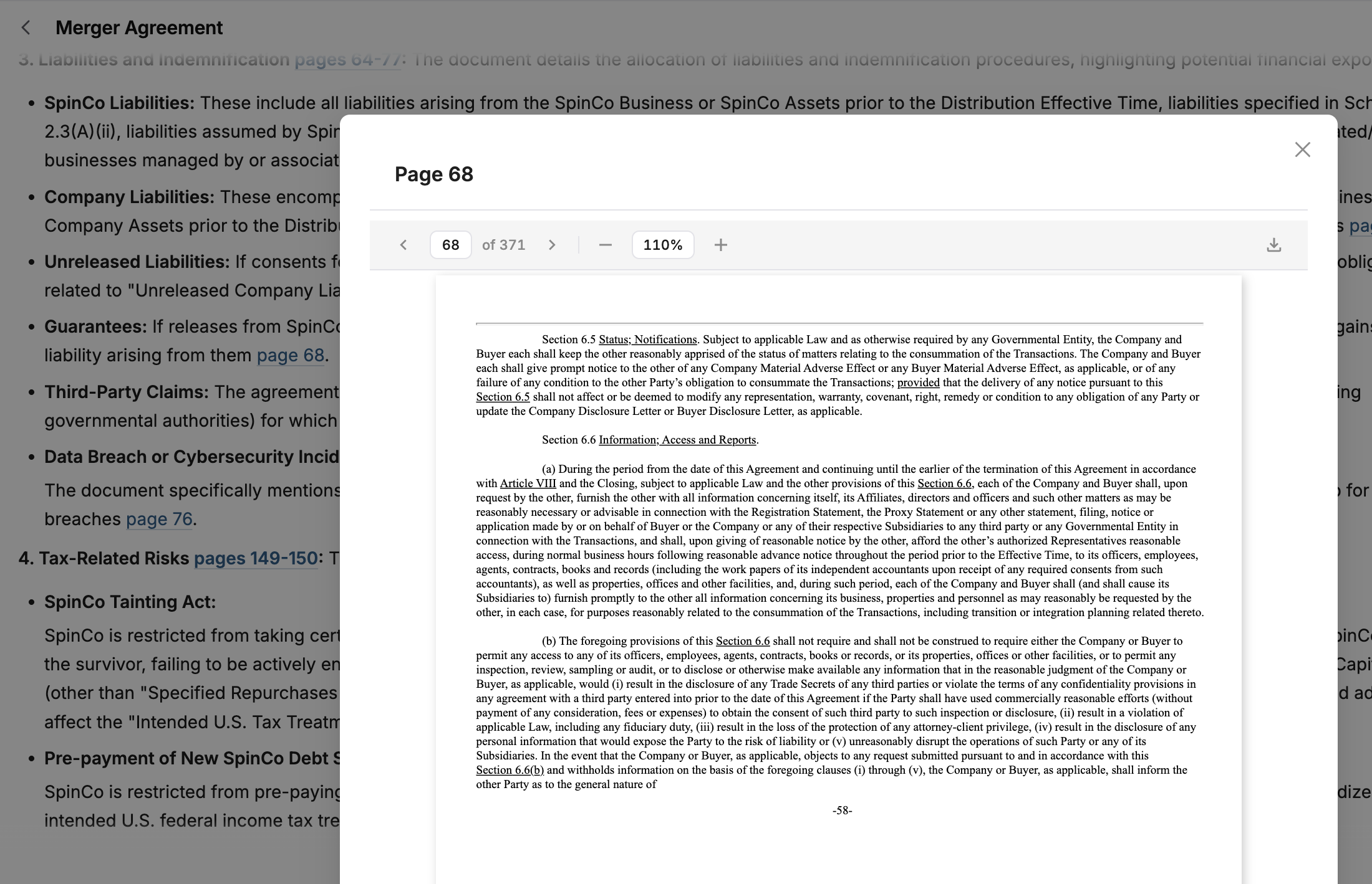 Page 68 of a 371 page agreement opened in Laika from the citation that names it, beside the answer that cites it