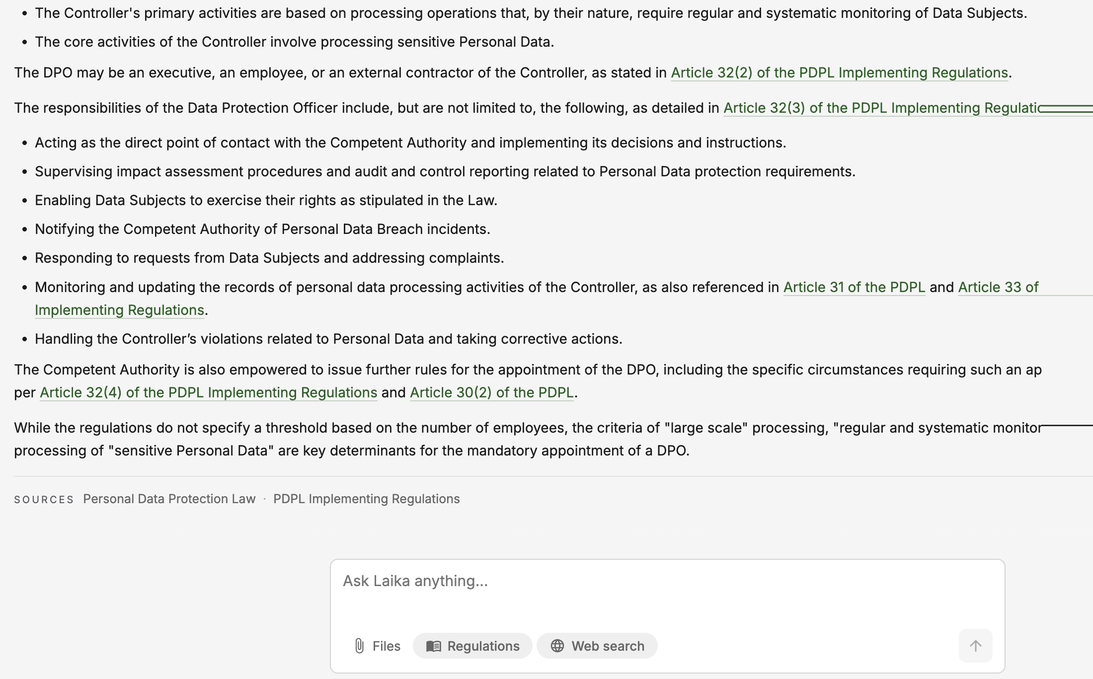 An answer in Laika stating where the regulations set no threshold, with its sources listed