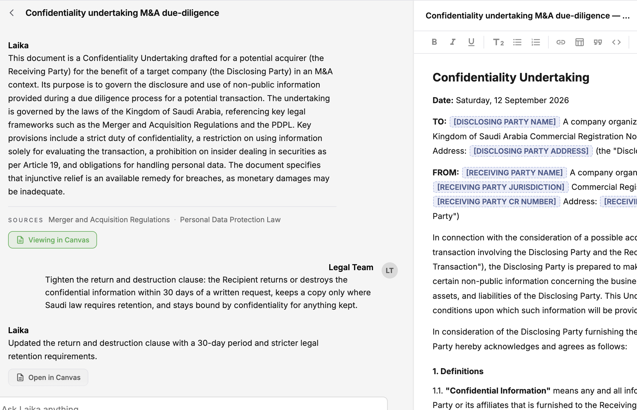 A draft open in Laika beside the chat, with a requested change to one of its clauses showing in the document