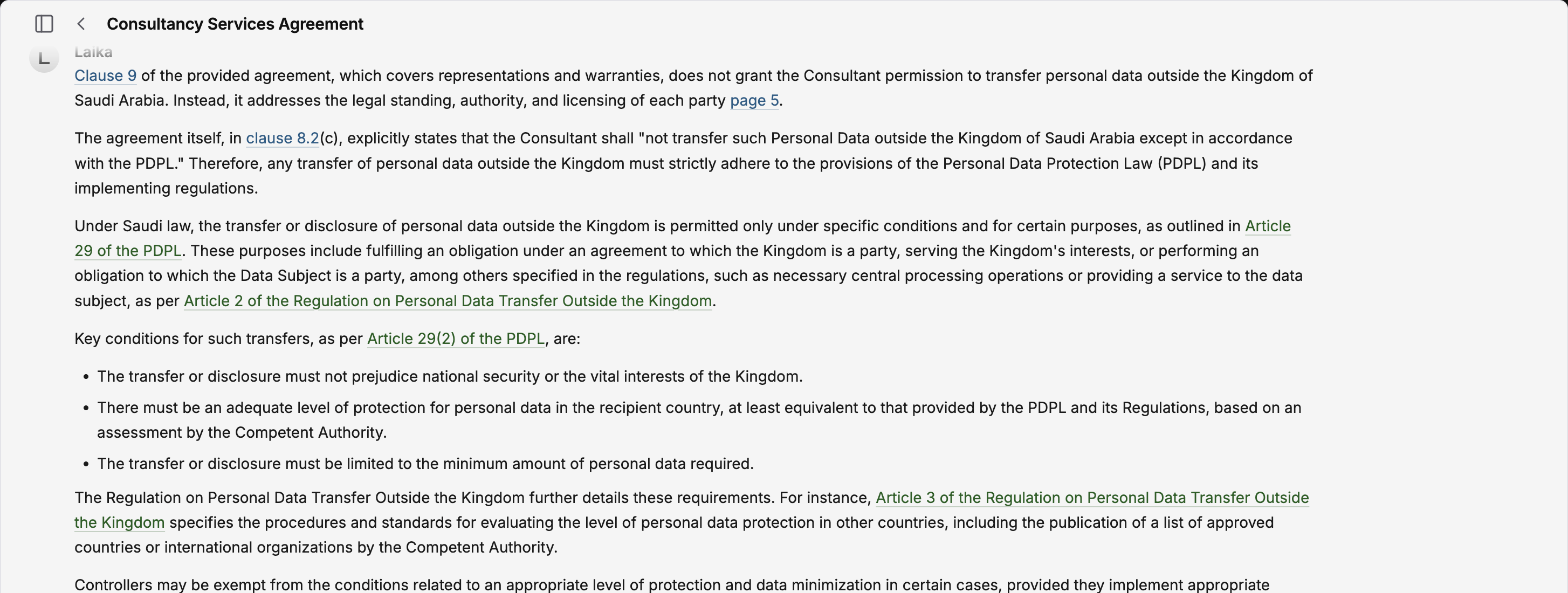 Laika: a contract checked against the PDPL, every answer carrying its article